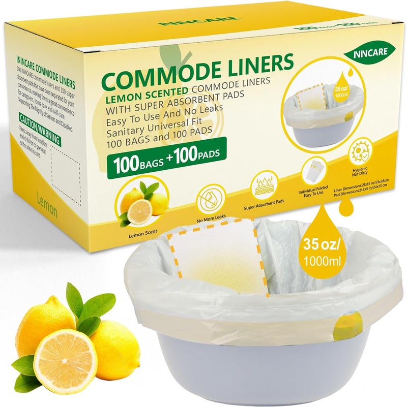 ININCARE Commode Liners with Absorbent Pads for Bedside Commode, 100 Lemon Scented Bedside Commode Liners and 100 Commode Pads, Commode Toilet ＆ Camping Toilet Bags - Image 1